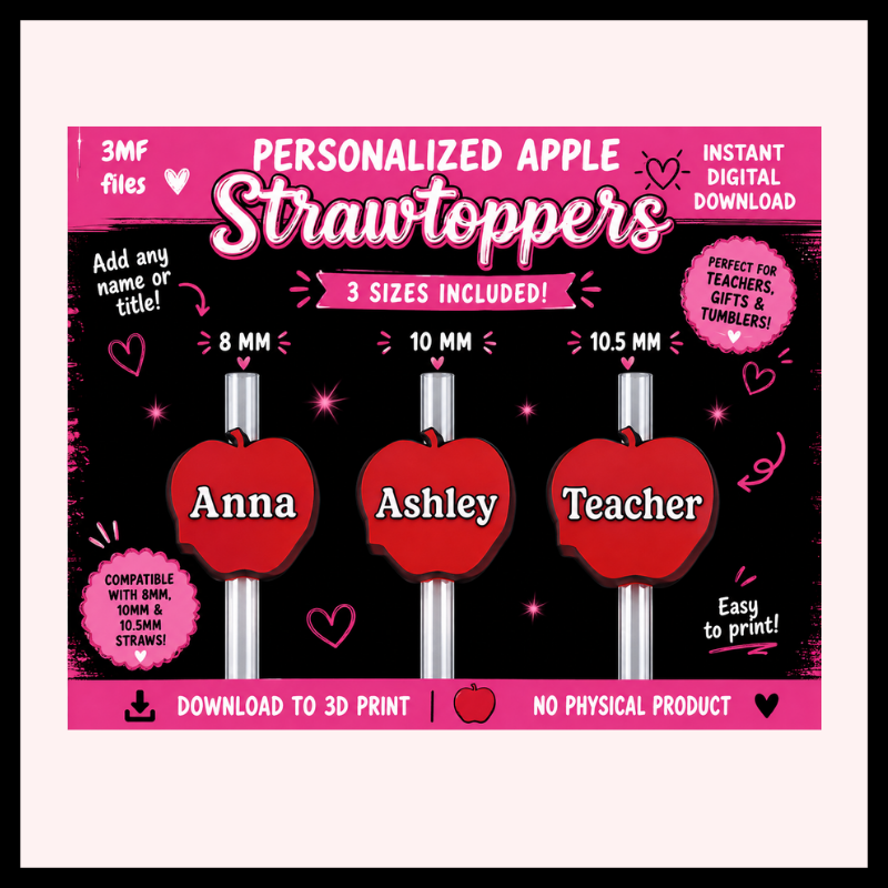 🍎DIGITAL DOWNLOAD - Personalized Apple Strawtopper
